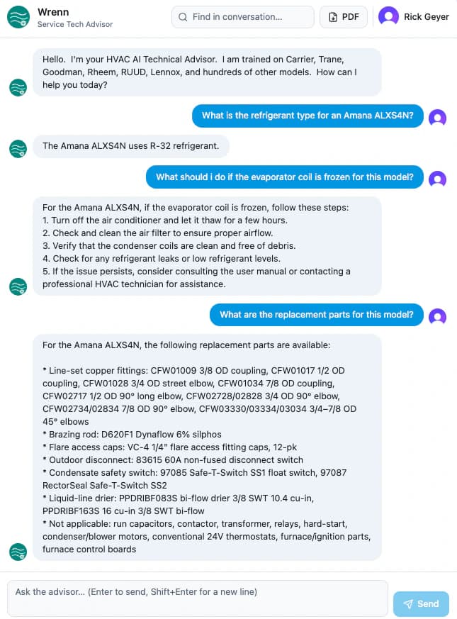 Pureblue AI service tech advisor answering HVAC equipment questions in chat
